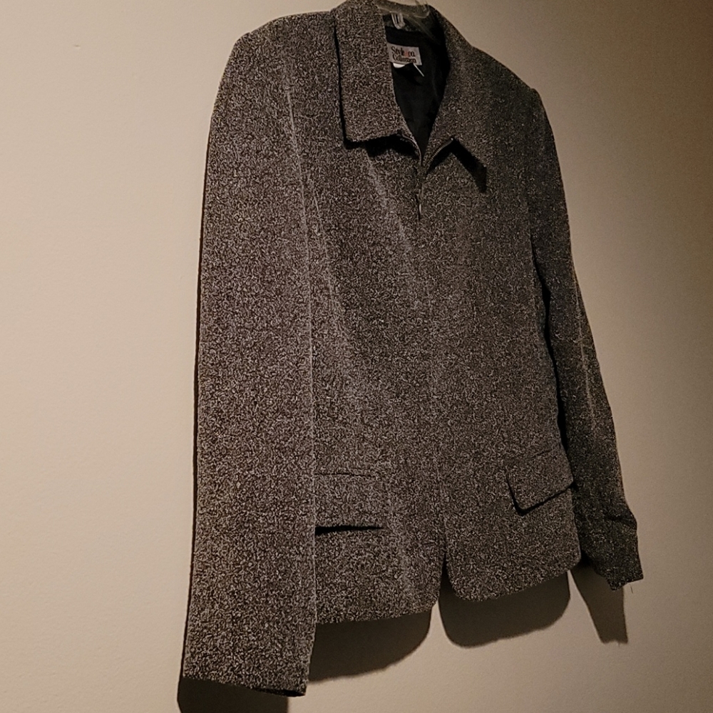 Grey, black pebble cloth blazer, zip front,